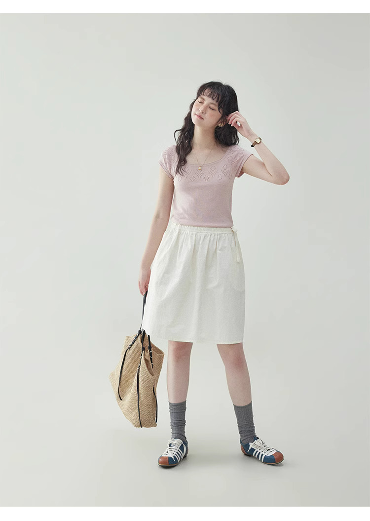 純色鏤空低圓領針織T恤女款夏季新款修身短袖上衣
