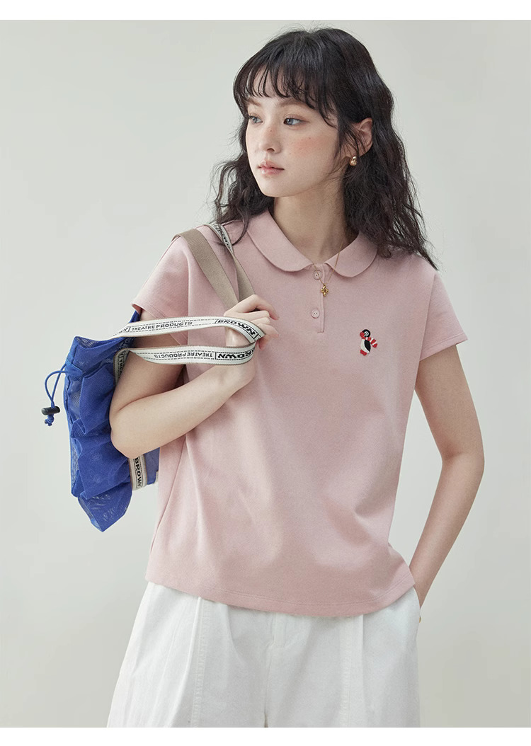 粉紅娃娃領企鵝刺繡T恤女夏季新款減齡短袖上衣