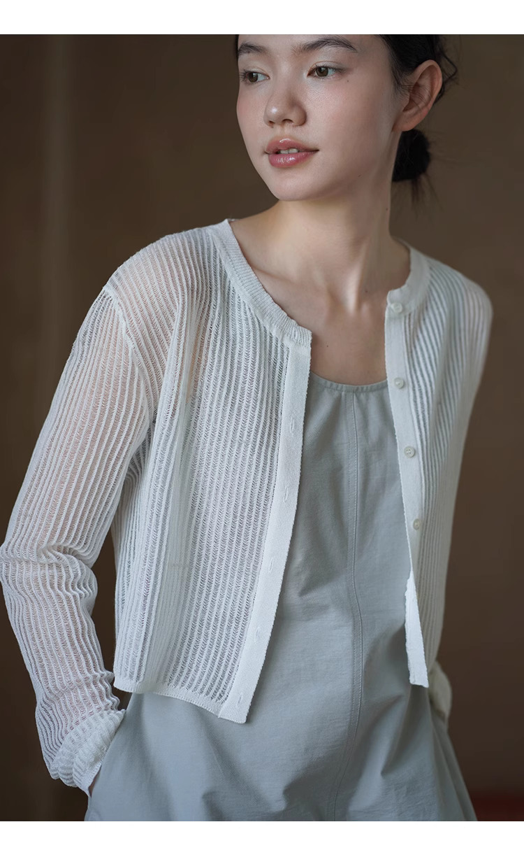 輕盈微風朦朧拉線絞花鏤空針織涼爽冰麻透氣防曬開衫女