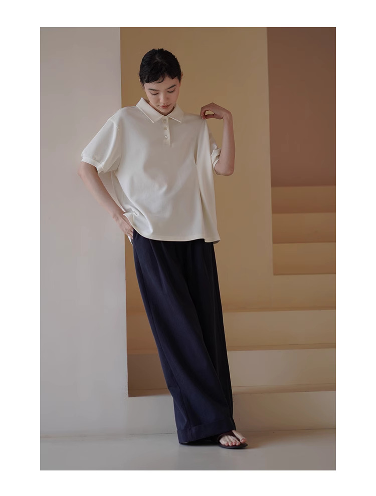 筆筆直修腿長褲萊賽爾棉挺括寬鬆高腰折邊休閒闊腿褲女