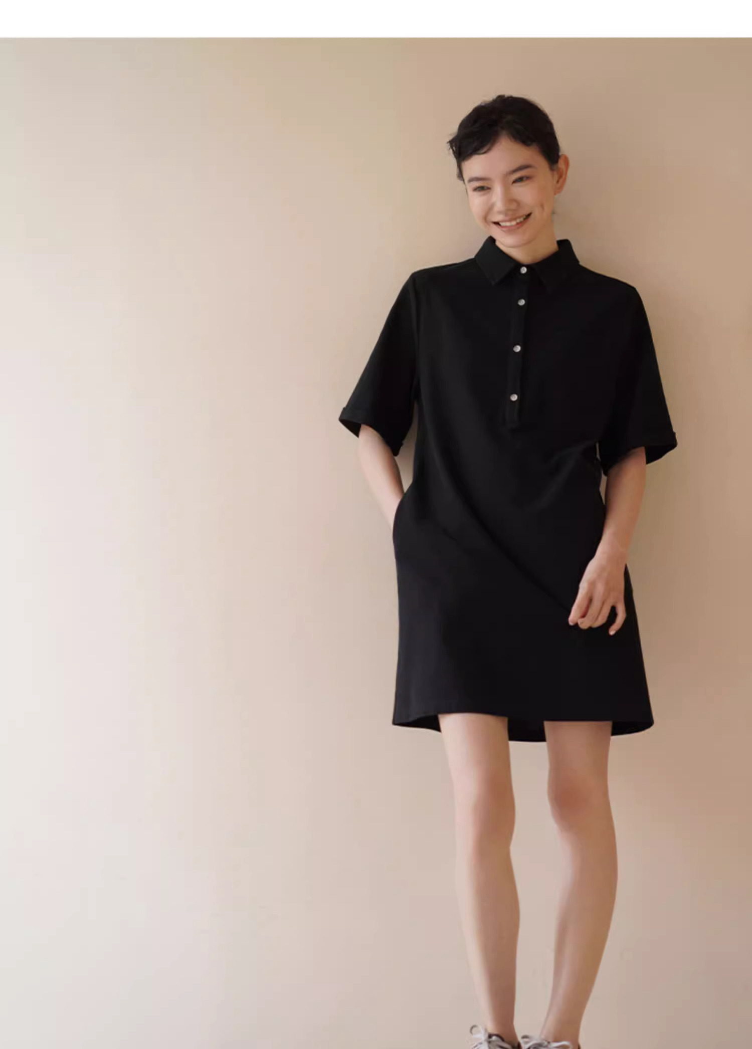 經典復古美式學院Polo領針織短款顯瘦休閒直筒洋裝女