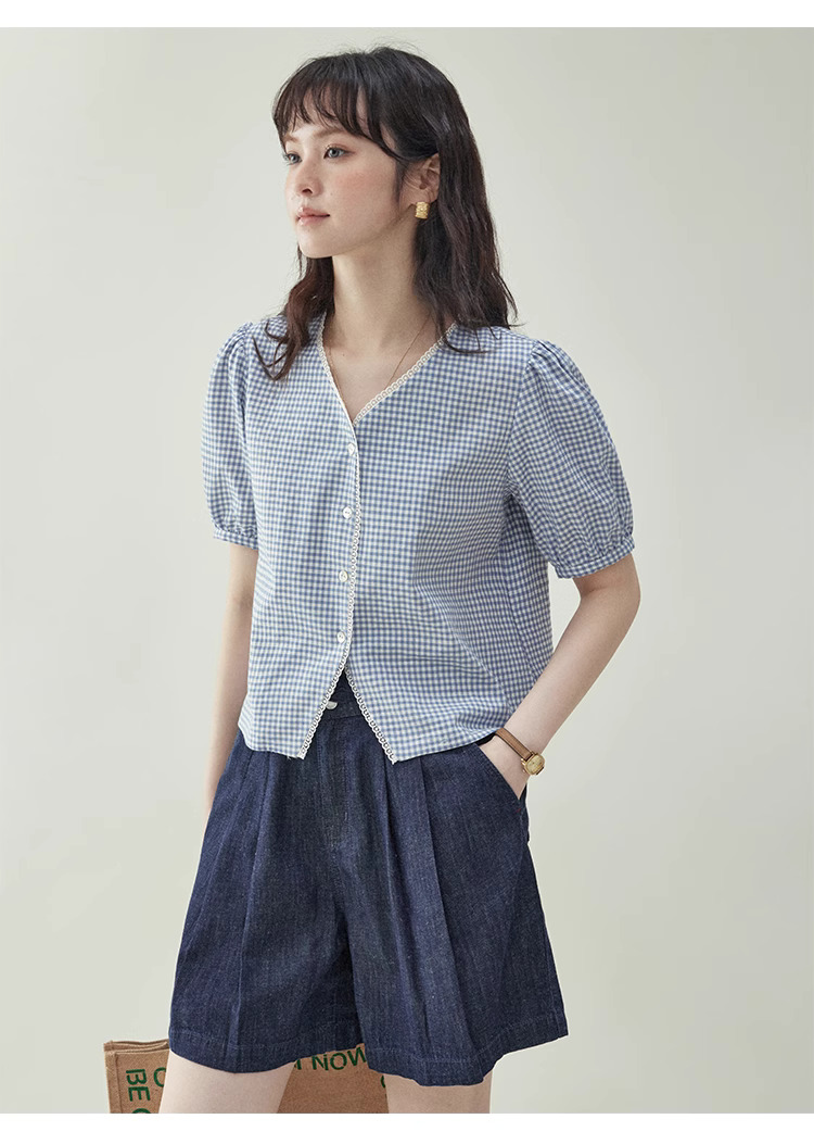 藍格泡泡袖短版純棉襯衫女夏季新款甜美寬鬆上衣