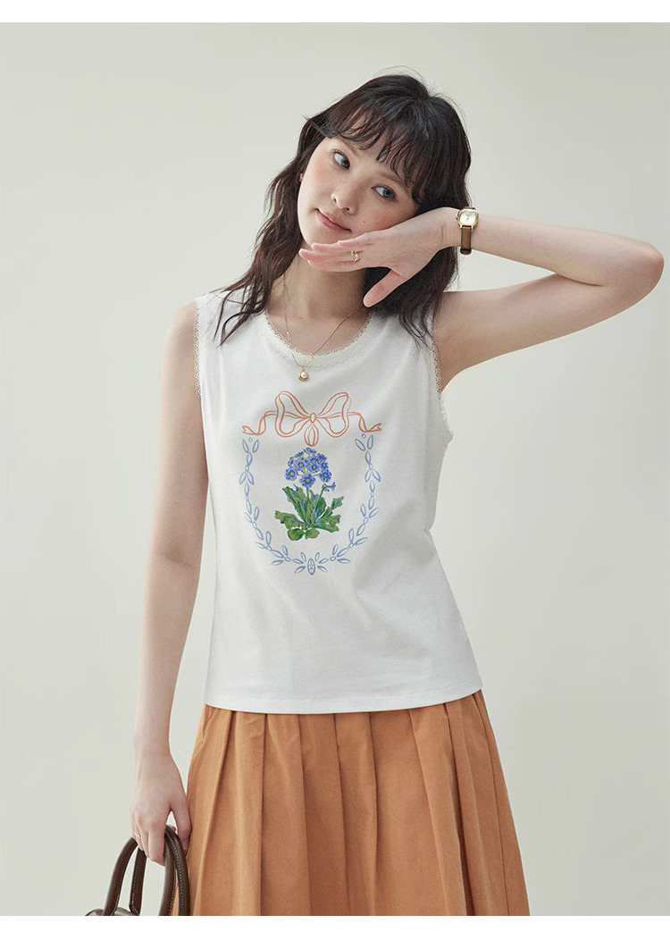 韓系花朵印花背心T恤女25夏季新款蕾絲無袖上衣