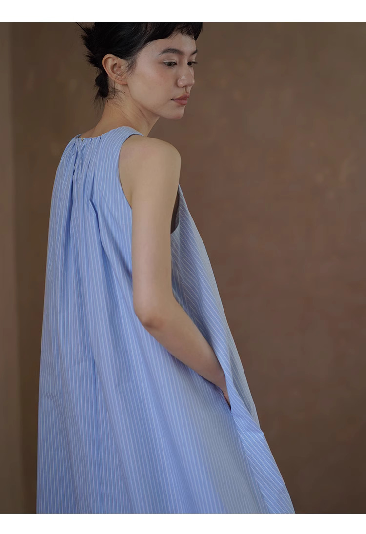 想去海邊法式條紋慵懶度假風圓領寬鬆無袖背心洋裝女