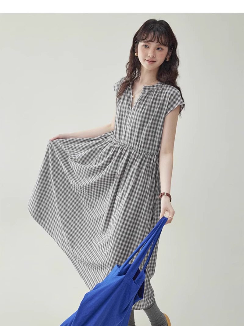 黑格抽繩v領純棉洋裝女夏季新款a字短袖中長裙