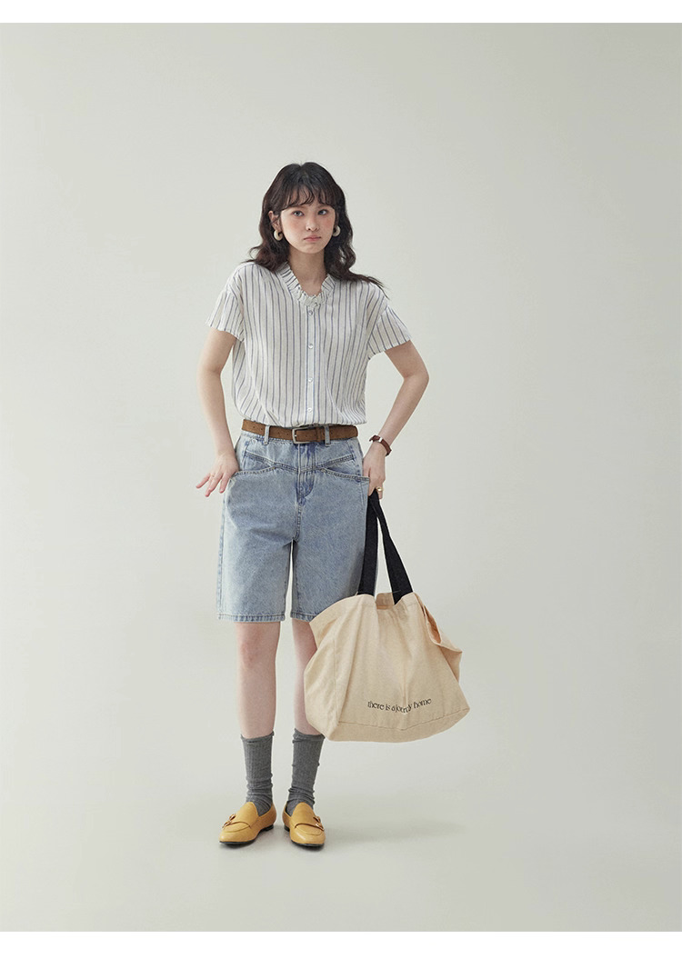 清爽豎紋花邊領短袖襯衫女夏季新款純棉寬鬆上衣