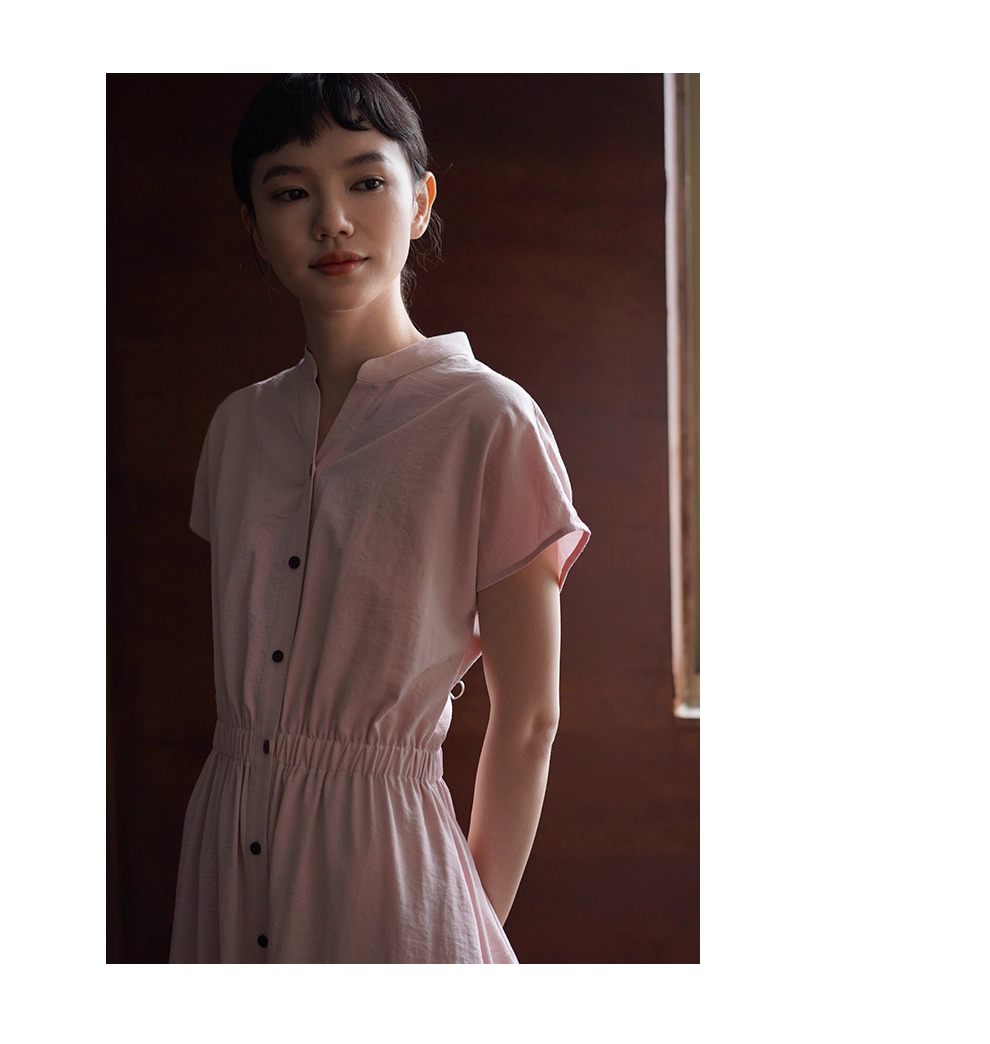 冰透粉晶洋裝寬鬆收腰短袖長撞色釦子立領襯衫裙子