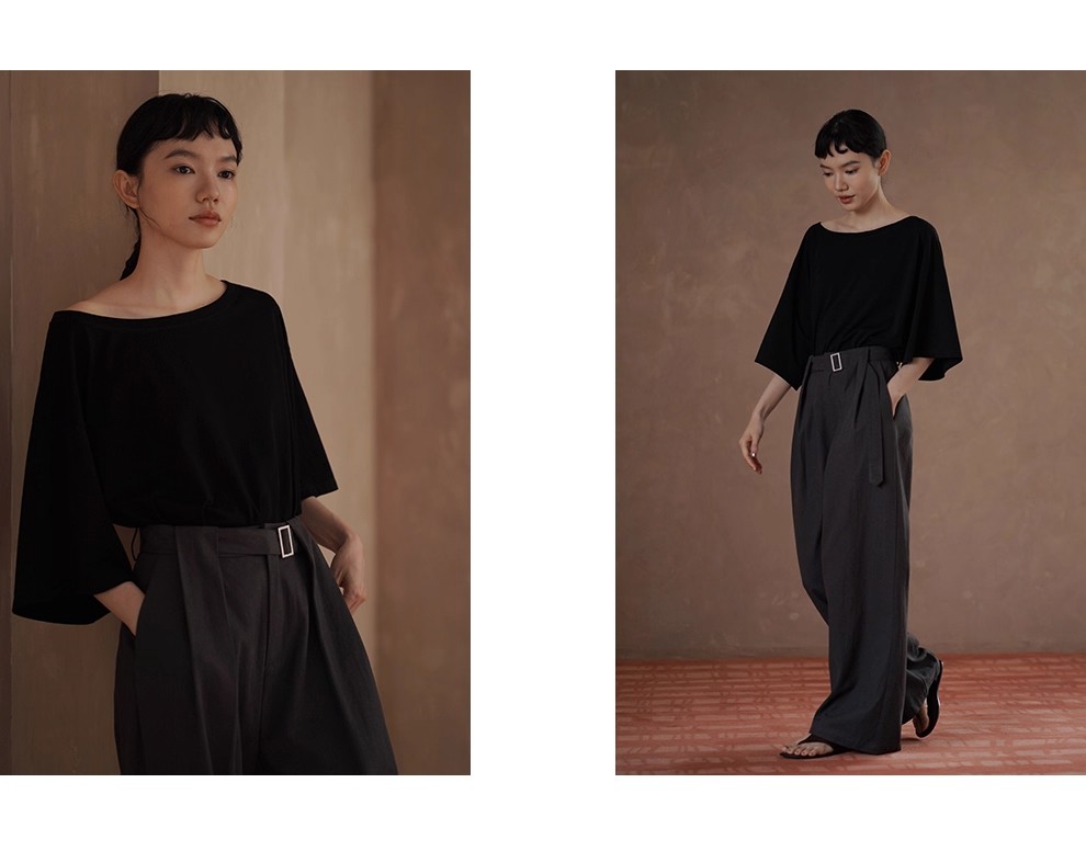 鬆弛自在法式上衣斜肩大領口輕薄透氣寬鬆顯瘦中袖T恤女