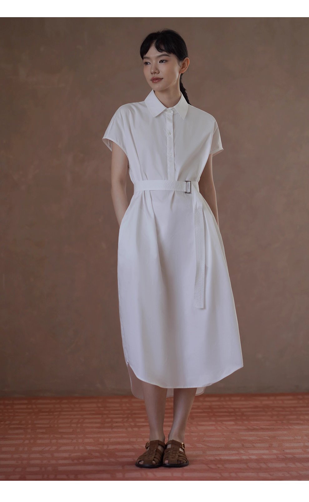 浮生一日清冷通勤洋裝寬鬆顯瘦腰帶半門襟長襯衫裙