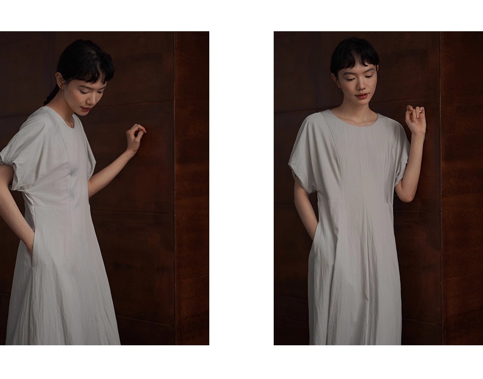 詩意菸沙淡人洋裝寬鬆短袖顯瘦分割圓領通勤垂感裙子