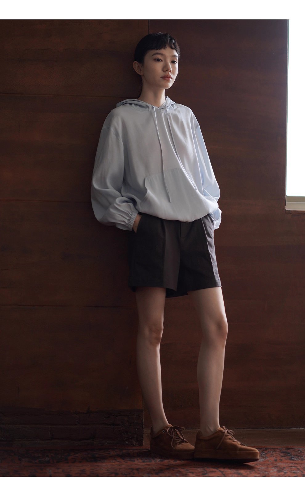 潤石晶藍清涼透氣連帽寬鬆顯瘦長袖休閒襯衫薄上衣女