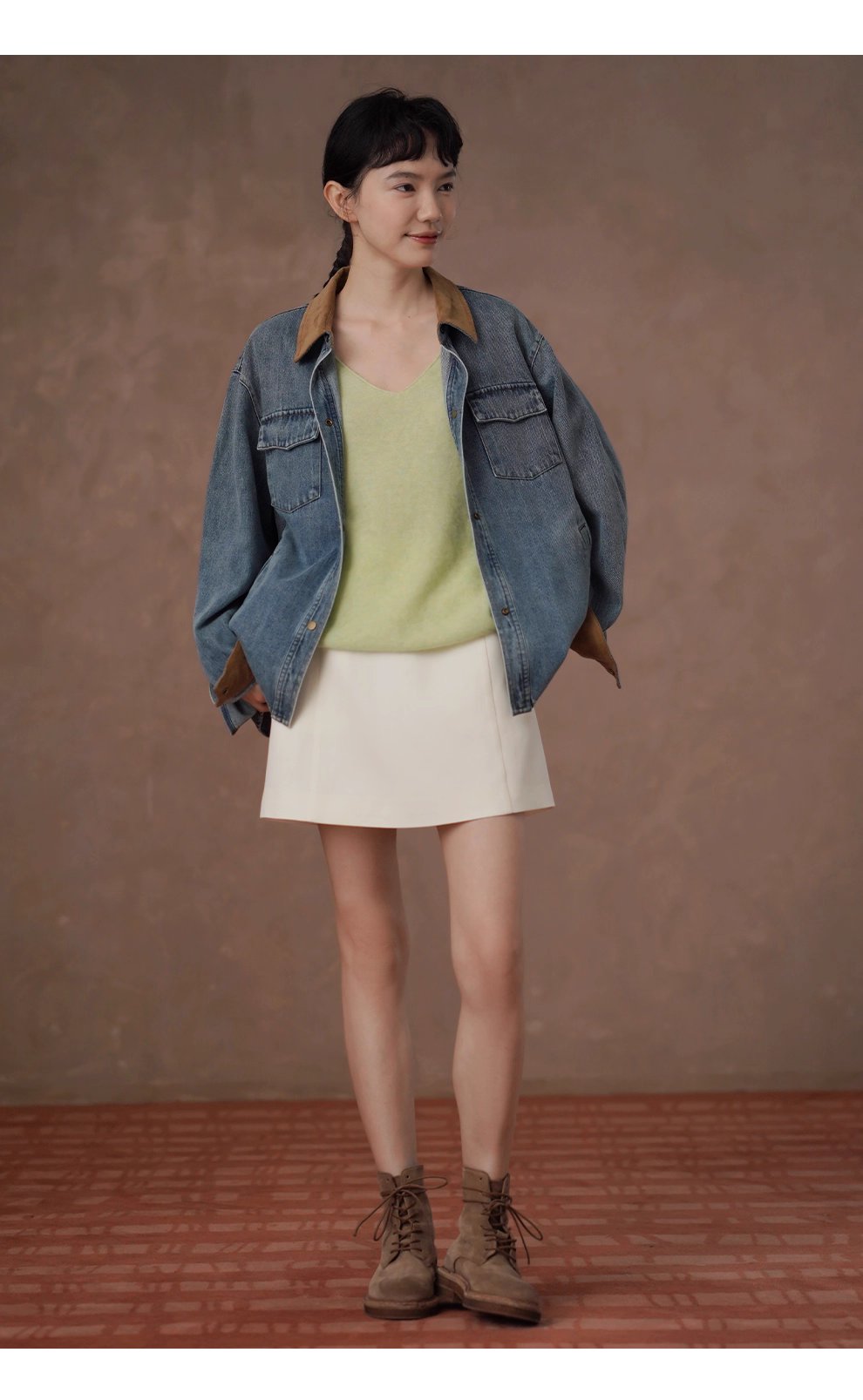 復古風潮做舊水洗燈芯絨拼接翻領牛仔襯衫寬鬆顯瘦外套