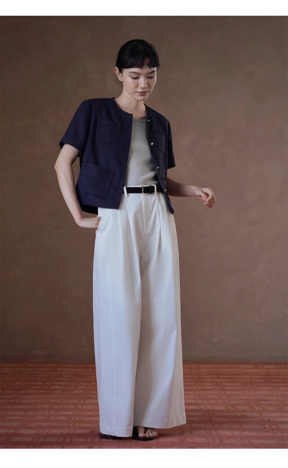 法式花邊拼接肌理感短袖小香氣質圓領通勤顯瘦短外套