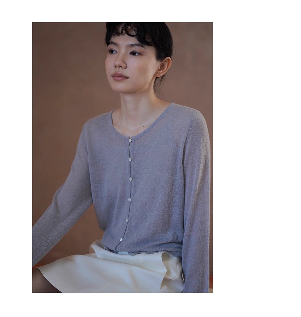 淡香薰衣草針織軟糯細膩綿羊羊駝毛混紡紗線薄款開襟衫