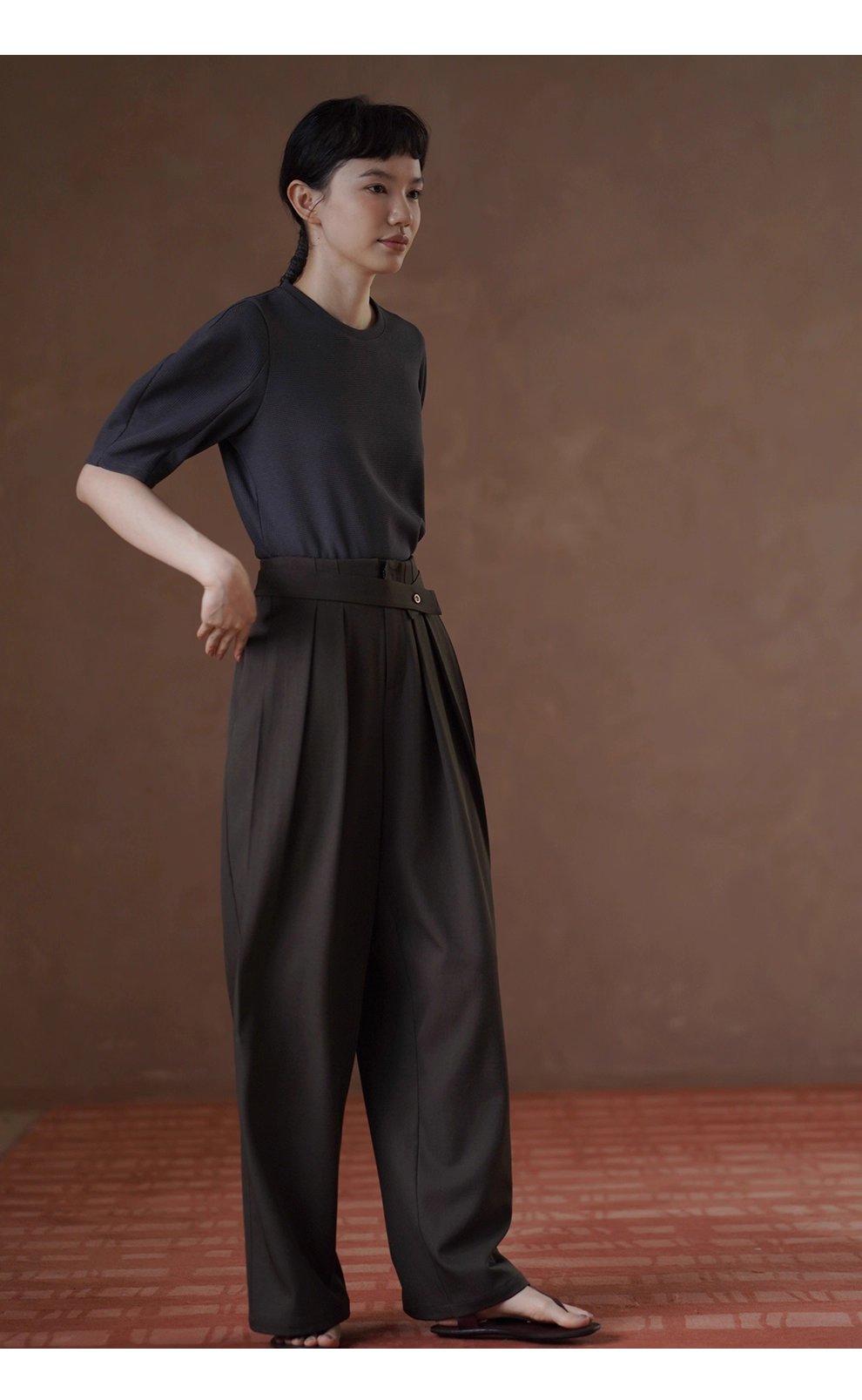 高品質色紡西裝布料可調式腰帶寬鬆垂順顯瘦闊腿長褲女