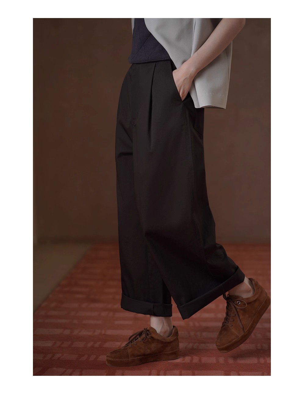 深幽雪松咖長褲寬鬆遮肉高腰顯瘦不挑人挺括100棉闊腿褲