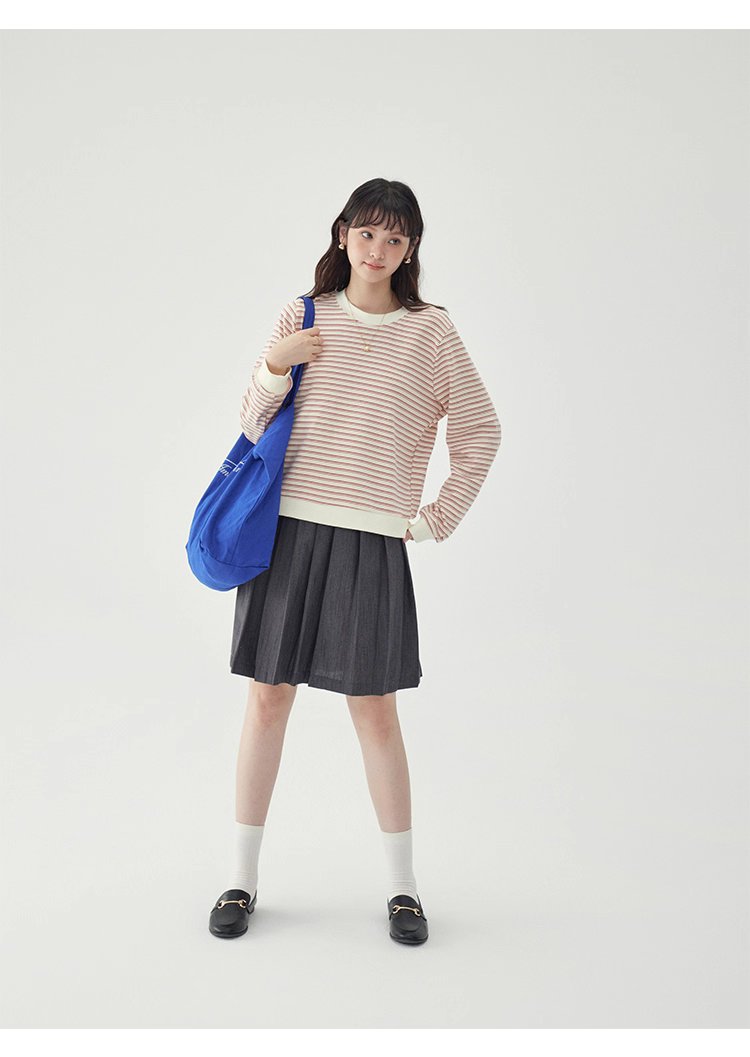 條紋不規則下擺衛衣T恤女秋季新款圓領長袖上衣