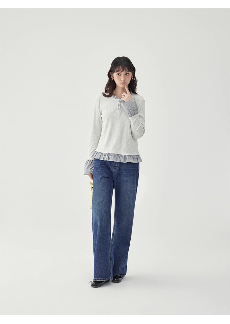 撞色拼接襯衫喇叭袖t卹女秋季新款寬鬆長袖上衣