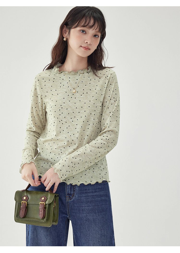 韓系密邊領波點長袖T恤女秋季新款內搭寬鬆上衣