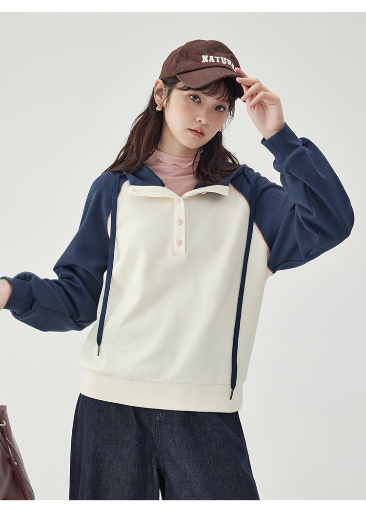 撞色插肩長袖連帽衛衣T恤女25秋季新款減齡上衣
