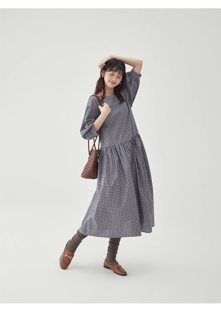 日系格紋燈籠袖洋裝女秋季新款寬鬆純棉a字裙