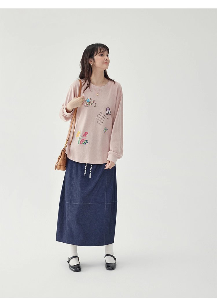 減齡印花落肩長袖粉紅T恤女秋新款寬鬆百搭上衣