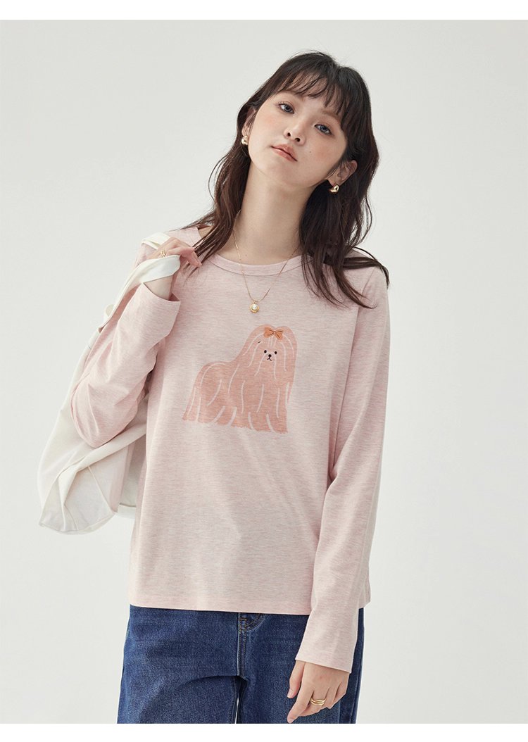 粉紅小狗印花長袖T恤女25秋季全新寬鬆減齡上衣