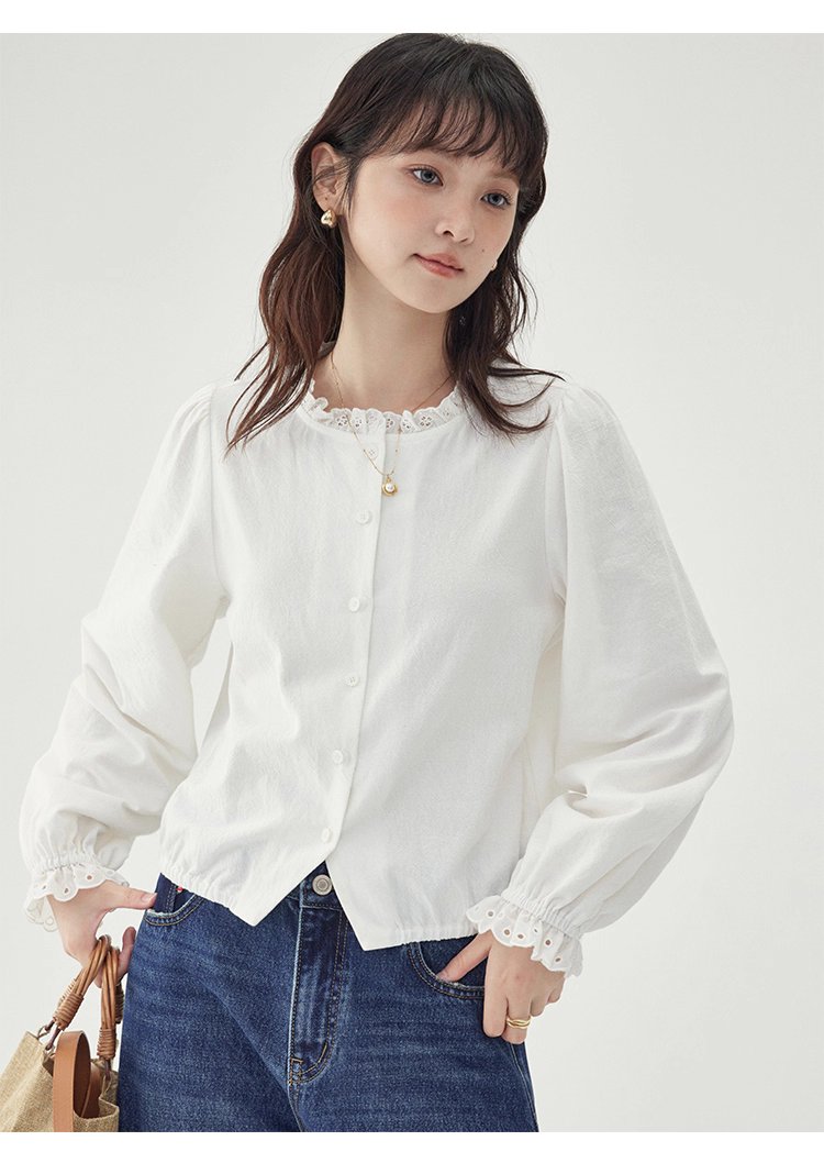 花邊長袖後貼花片白襯衫女秋季新款甜美純棉上衣