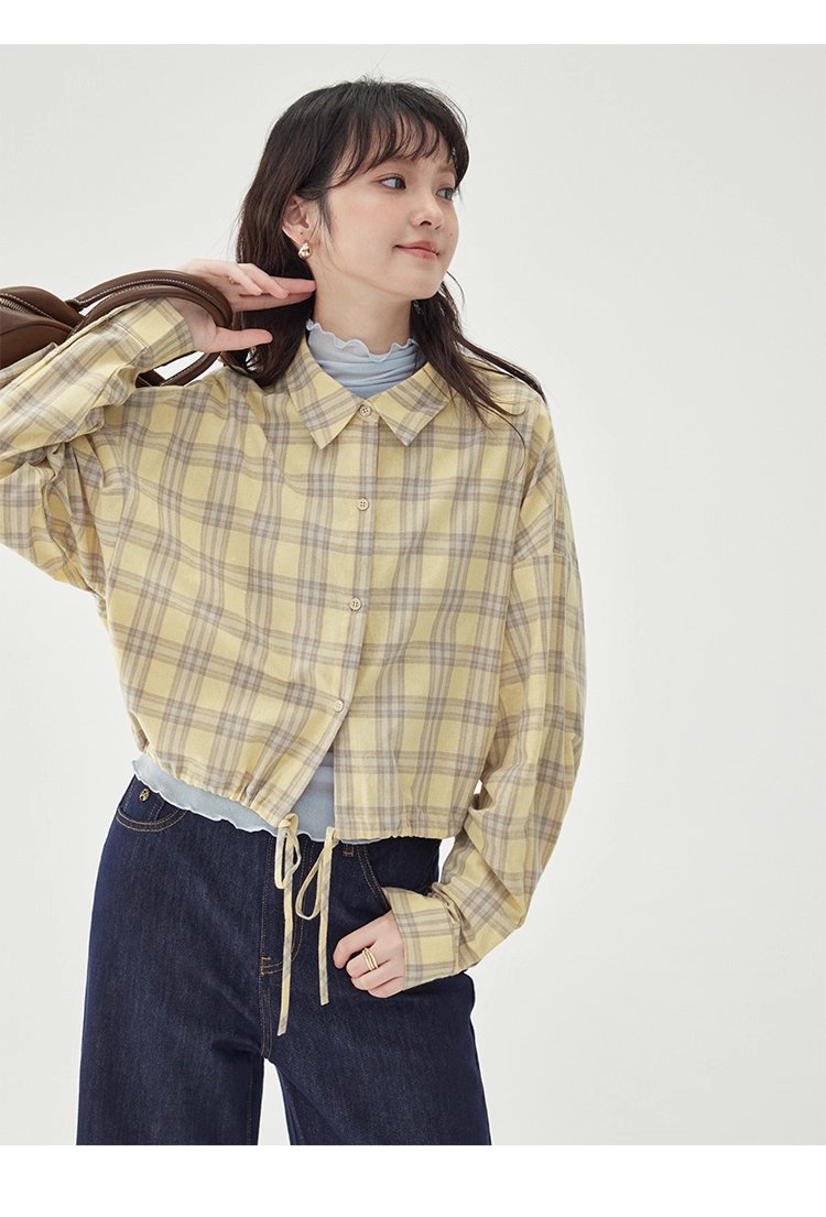 黃格單排扣抽繩下擺襯衫女秋季新款純棉長袖上衣