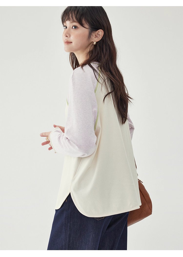 撞色插肩長袖側開叉T恤女秋季新款減齡刺繡上衣