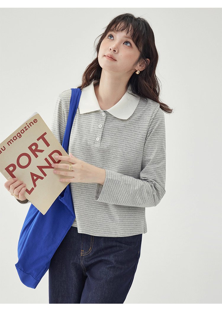 灰色條紋polo半開領t卹女秋季新款寬鬆長袖上衣