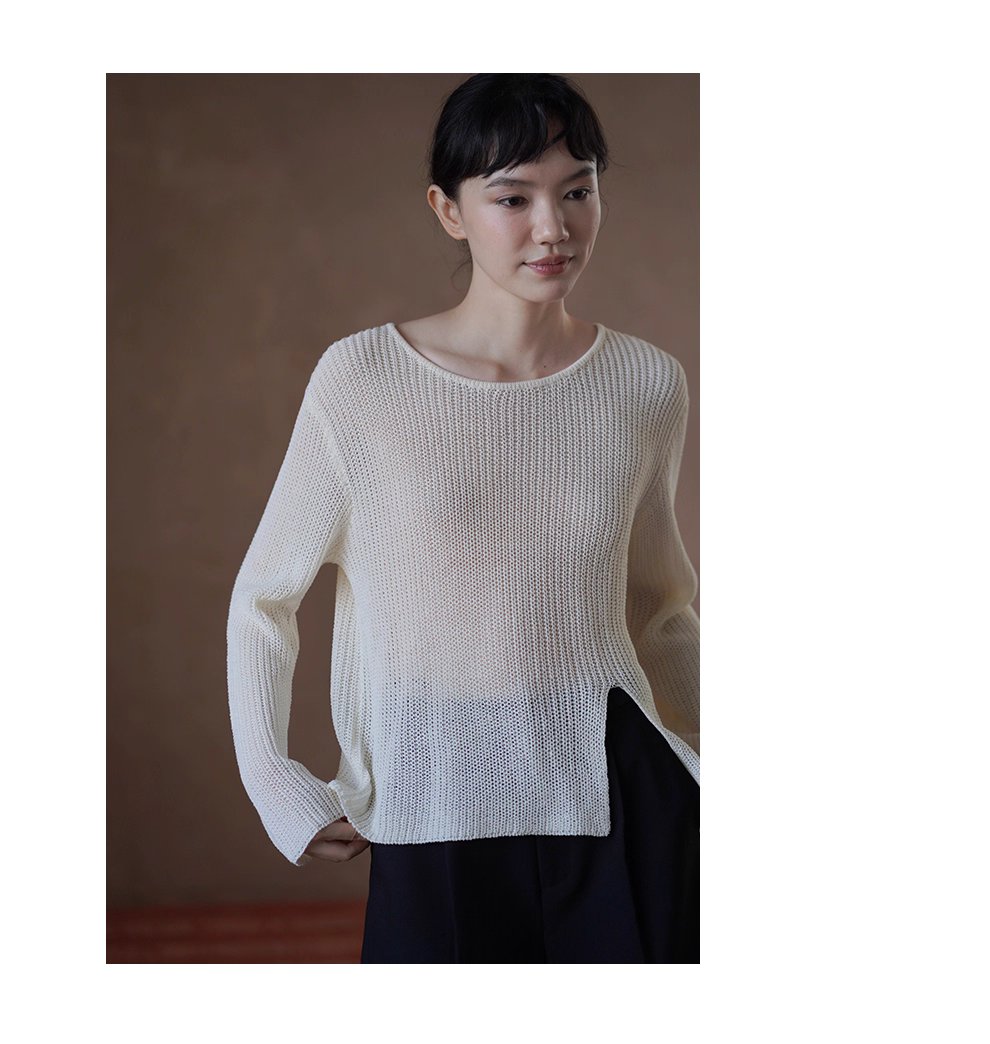 晴空白塔針織鏤空編織肌理感寬鬆顯瘦開叉長袖通勤罩衫