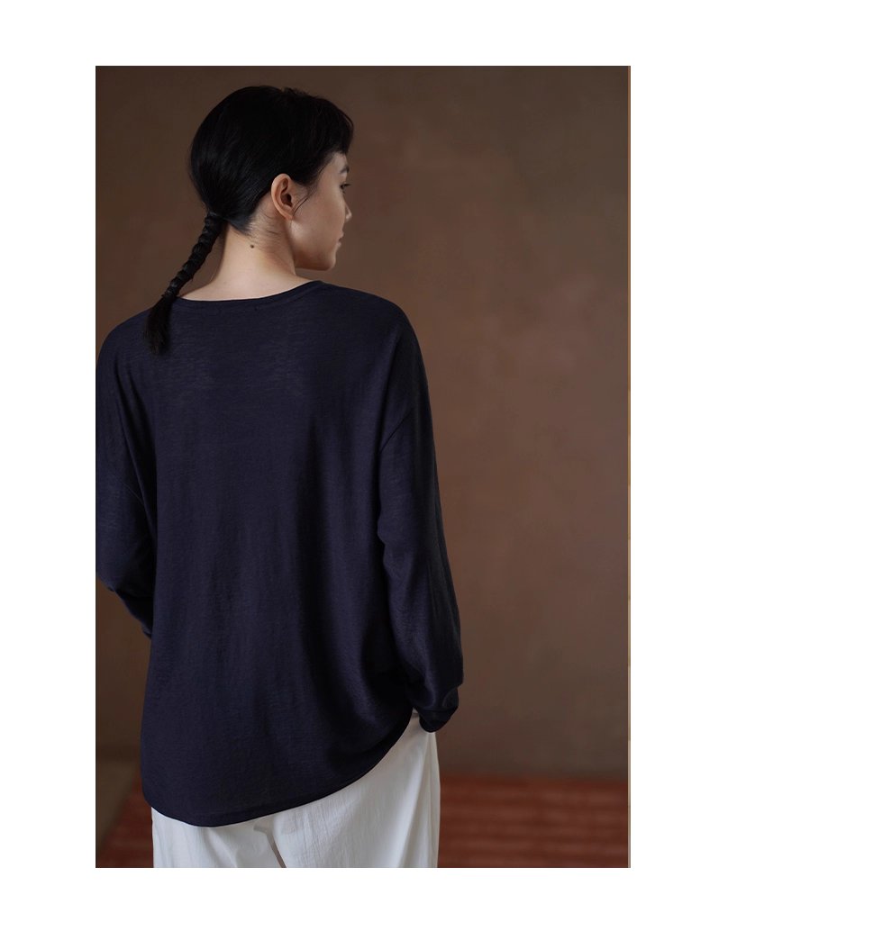 高品質桑蠶絲棉亞麻混紡竹節麻肌理感寬鬆顯瘦長袖T恤女