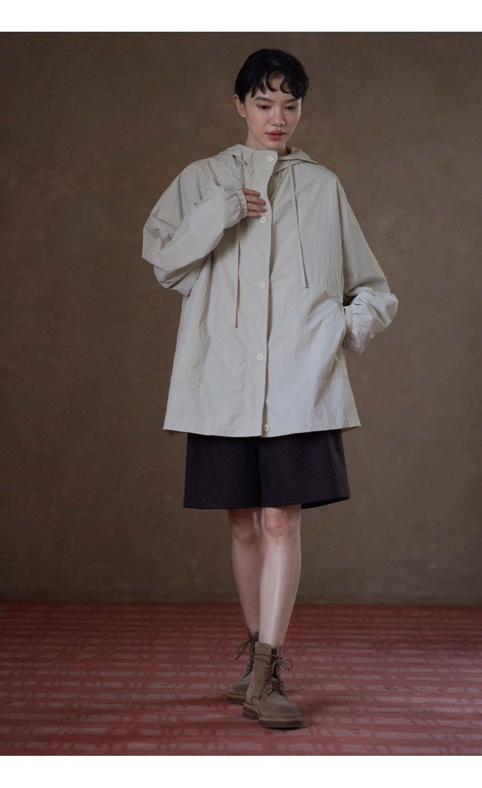 輕盈挺括山系少女外套寬鬆顯瘦連帽中長款輕戶外風衣女