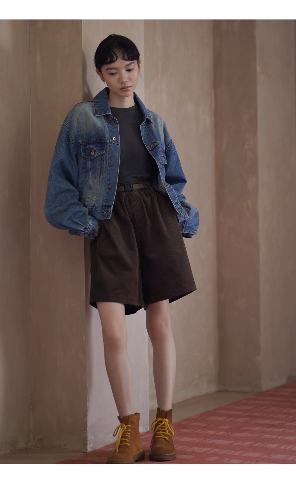 重回80年復古磨白柔軟水洗高克重長絨棉寬鬆牛仔外套女