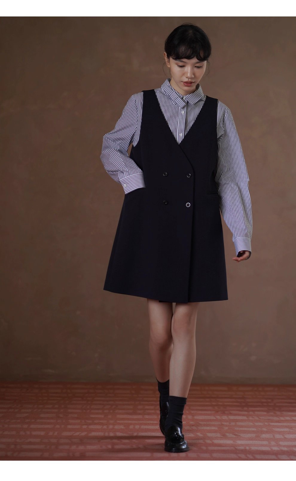 高品質100棉色織條紋法國經典寬鬆通勤可拆式蝴蝶結襯衫