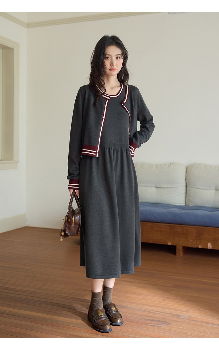 大尺碼套裝背心連身裙洋裝針織開襟衫兩件套裝