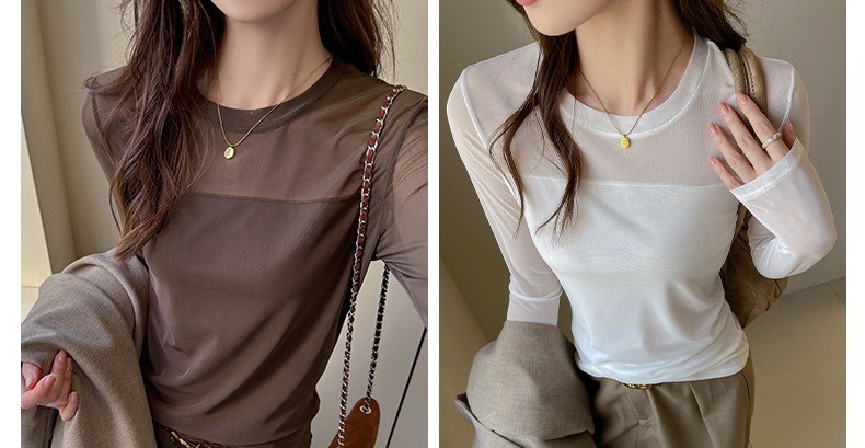 薄款內搭圓領長袖T恤性感微透網紗拼接打底上衣