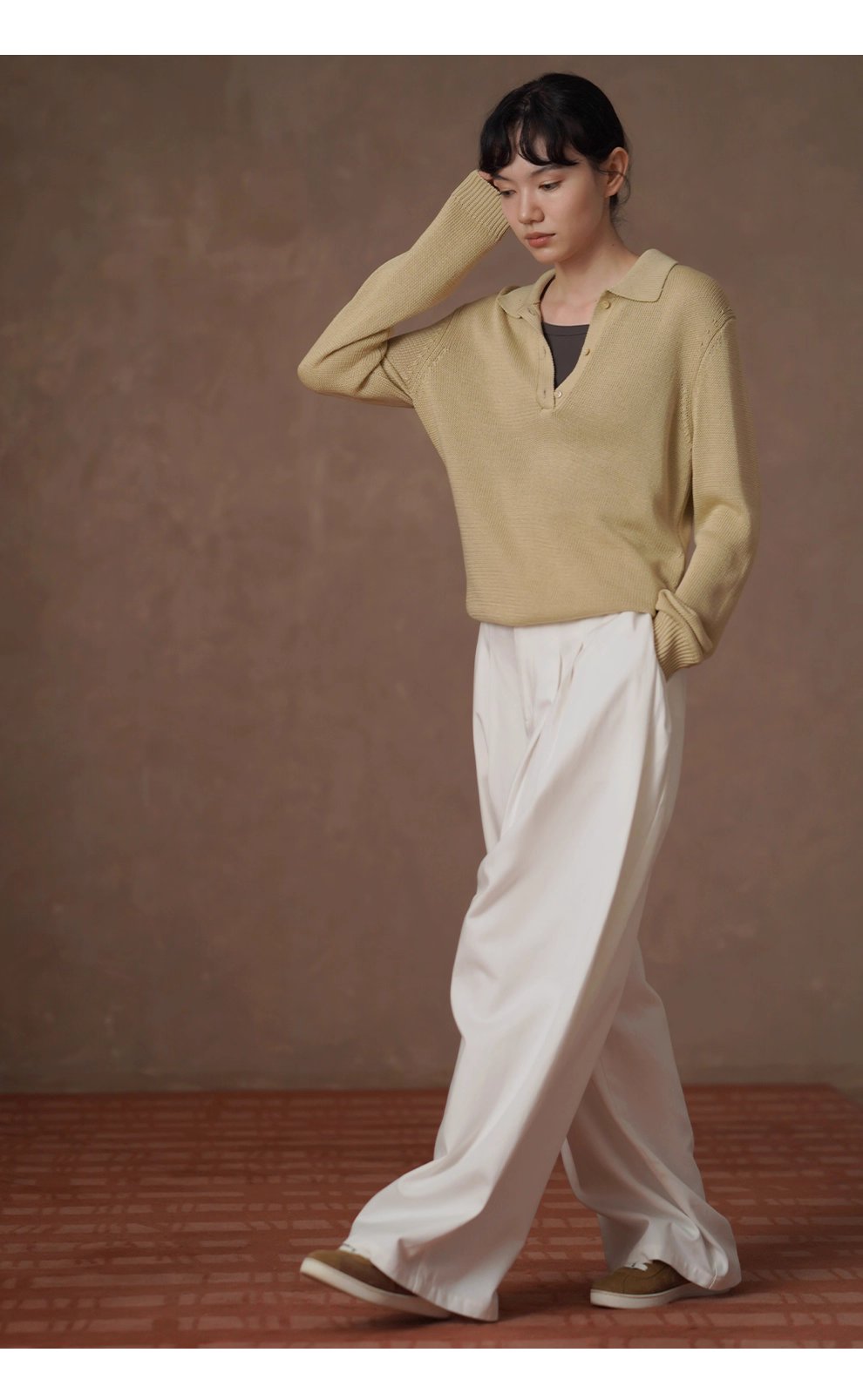 溫和薑茶亞麻鬆弛寬鬆復古顯瘦Polo領針織落肩通勤上衣