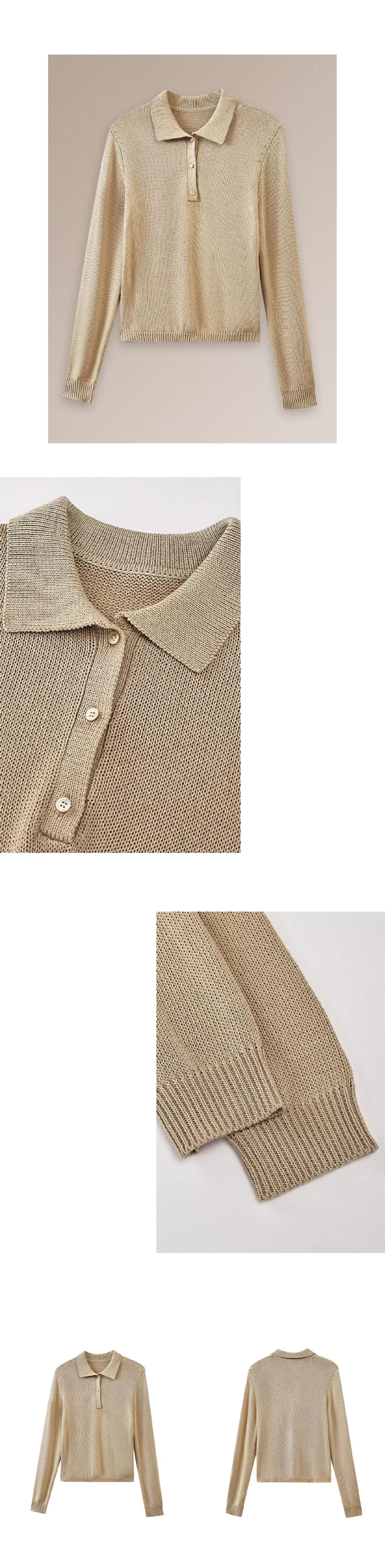 溫和薑茶亞麻鬆弛寬鬆復古顯瘦Polo領針織落肩通勤上衣