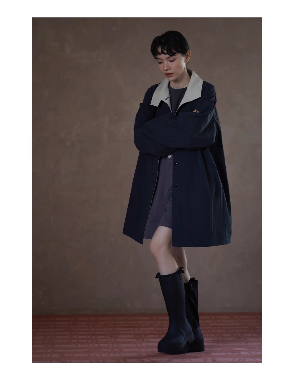 細節滿滿原創外套撞色拼接立領皮袢中長款寬鬆顯瘦風衣