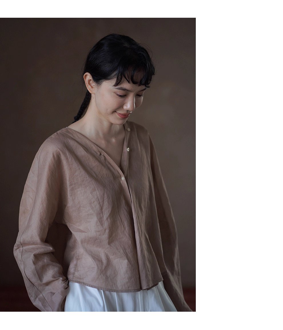 天然苧麻棉乾爽透氣肌理V領連肩袖薄顯瘦通勤長袖襯衫