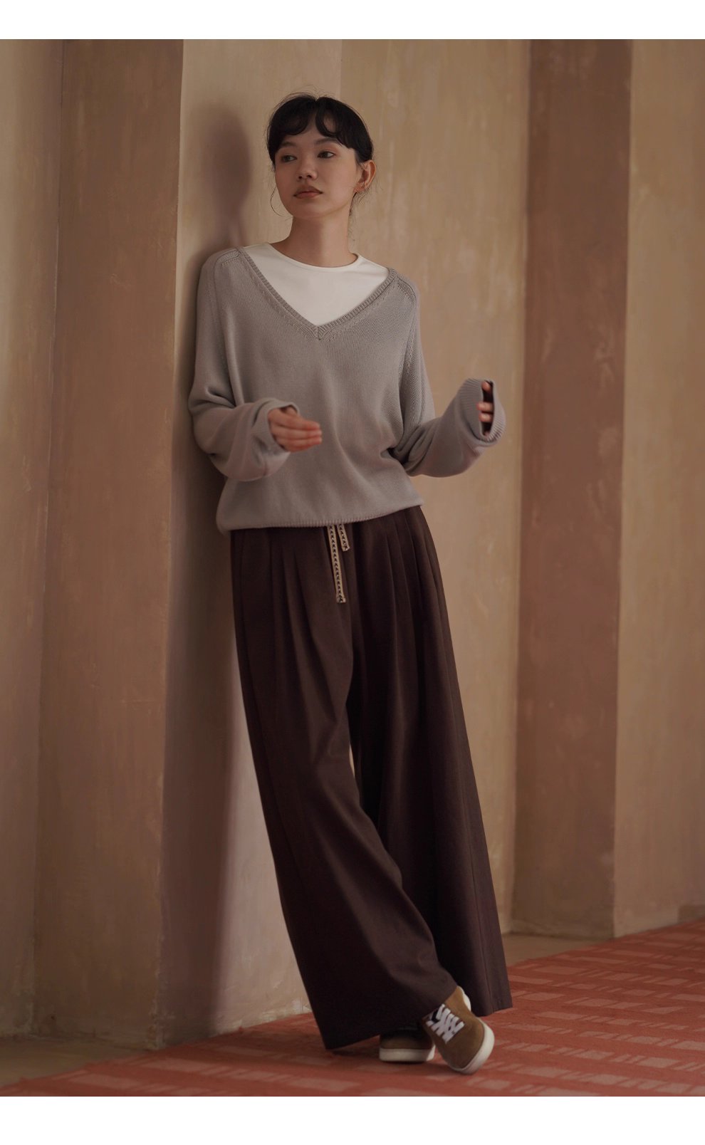 榛果拿鐵長褲顯瘦輪廓柔軟寬鬆織帶抽繩高腰遮肉闊腿褲