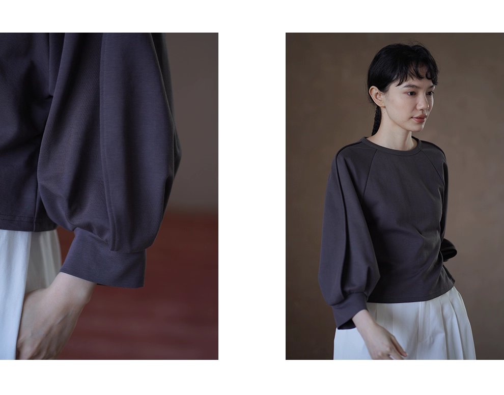 顯瘦遮肉輪廓立體燈籠剪裁插肩袖圓領上衣寬鬆休閒T恤女