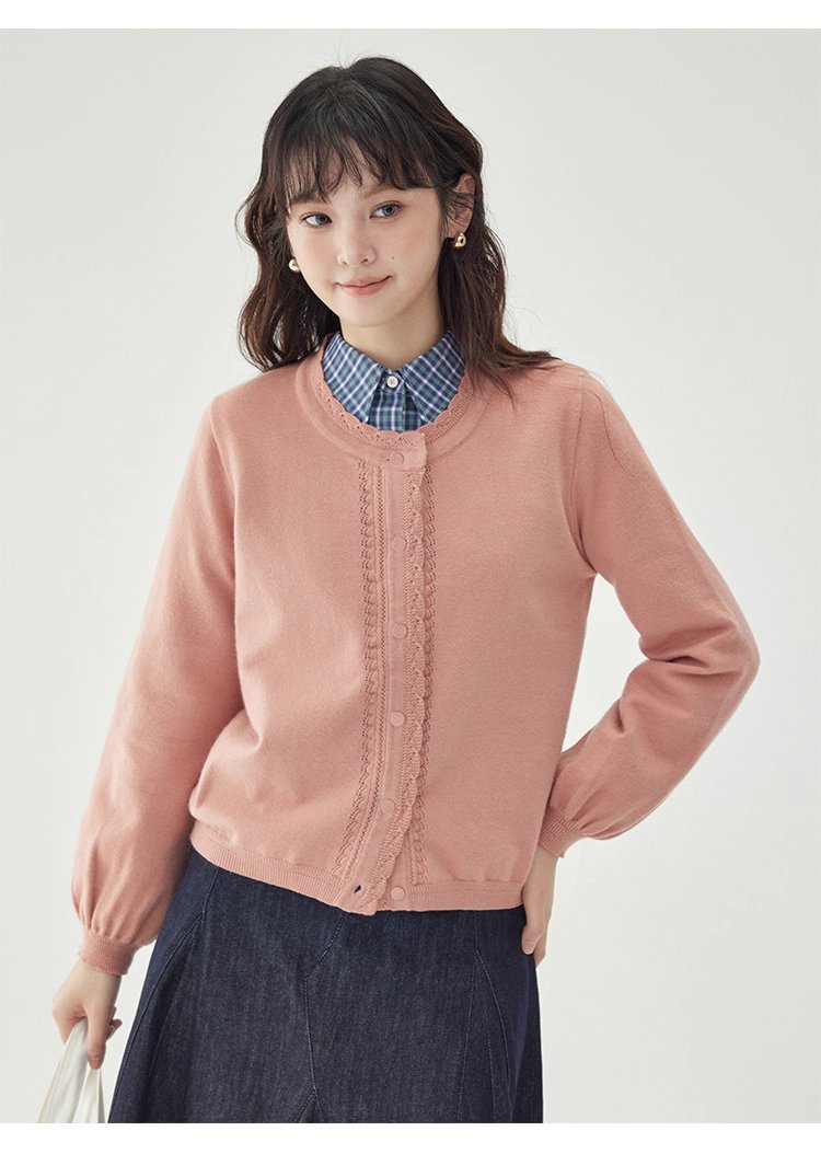 韓系提花圓領長袖針織衫女秋新款單排扣外套上衣