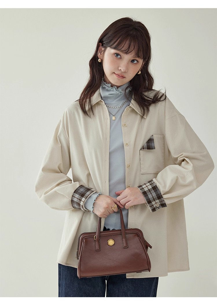 撞色格紋燈芯絨長袖襯衫女秋季新款翻領外套上衣