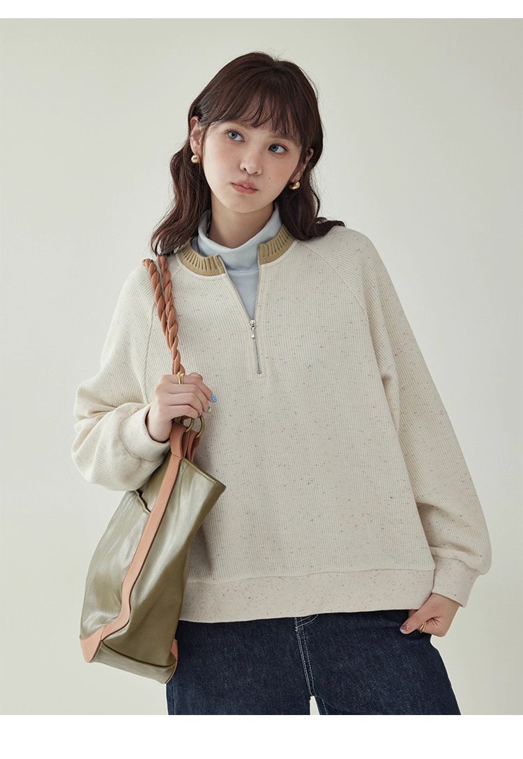 撞色彩點半開拉鍊衛衣T恤女秋季新款插肩袖上衣