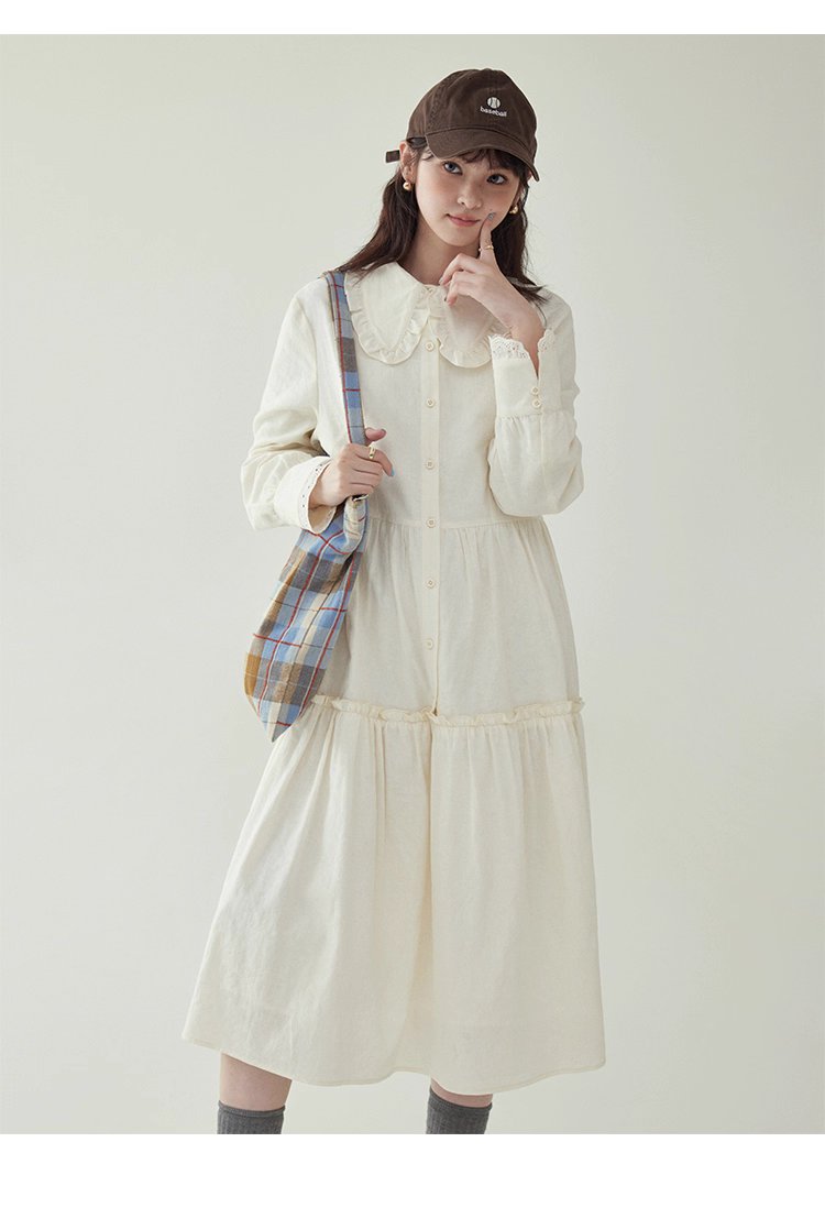 減齡純色花邊翻領洋裝女秋季新款中長娃娃裙