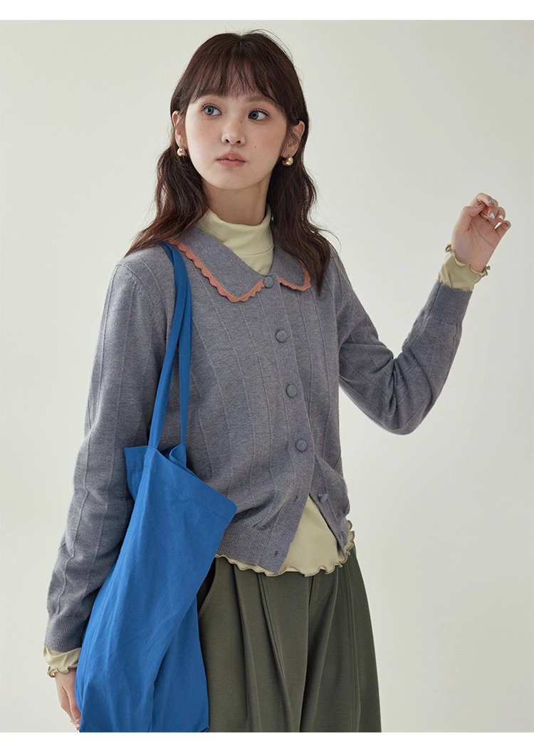 韓系撞色翻領針織開襟衫女秋季新款單排扣長袖上衣