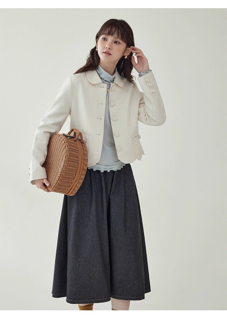 小香風純色單排扣短外套女秋新款波浪擺長袖上衣